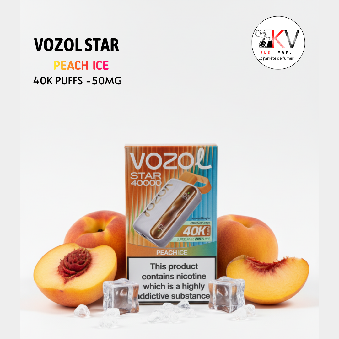 Vozol Star 40K Puffs 50mg - PEACH ICE vape jetable rechargeable avec plusieurs saveurs disponibles
