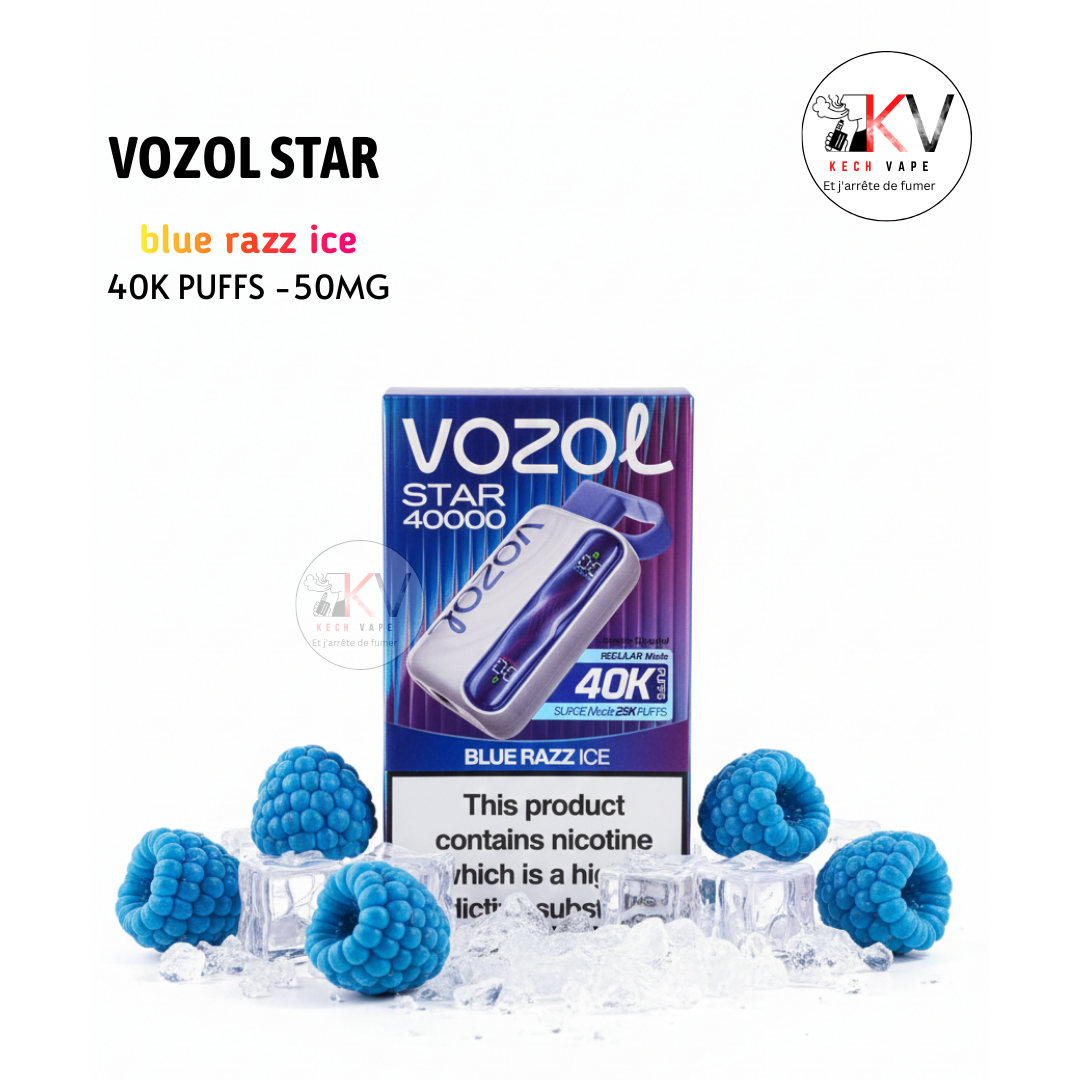 Vozol Star 40K Puffs 50mg -- BLUE RAZZ ICE vape jetable rechargeable avec plusieurs saveurs disponibles
